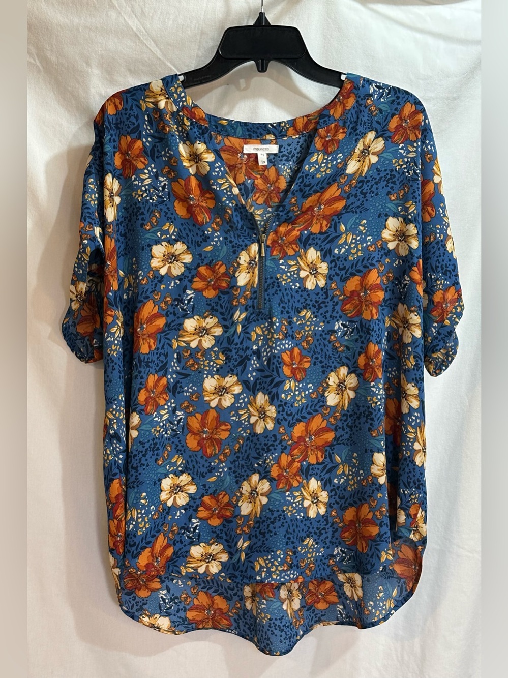 Maurices Blue Floral V-Neck Blouse with Orange & Cream Blooms.